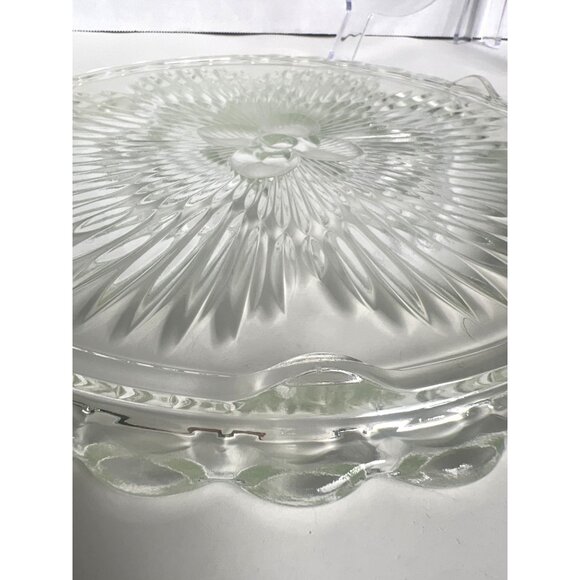 EAPG Indiana Clear Glass Serving Cake Plate Sunburst Design Scalloped Atomic Age - Picture 7 of 8